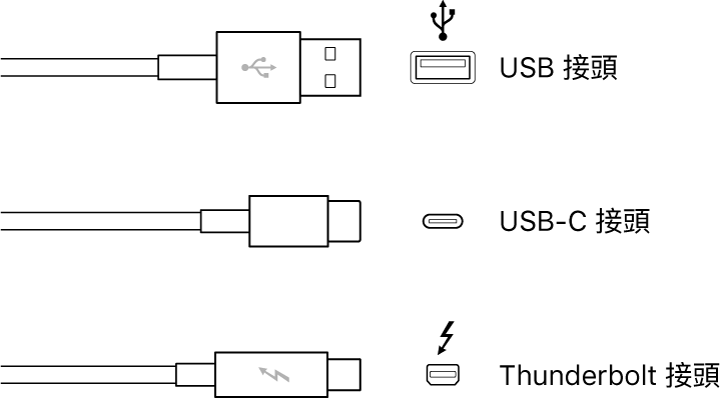 USB 和 FireWire 接頭類型的插圖。