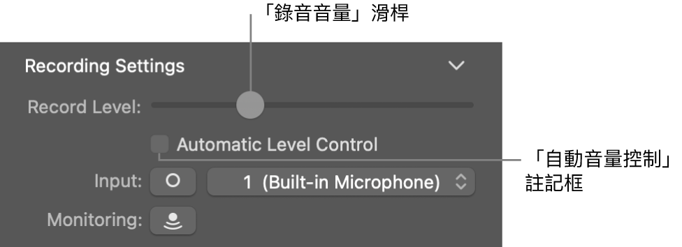 「智慧型控制項目」檢閱器中的「錄製音量」和「自動音量」註記框。