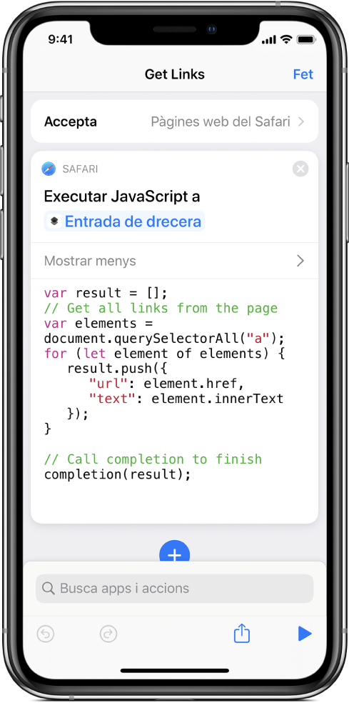 L’acció “Executar JavaScript a la pàgina web” a l’editor de dreceres.