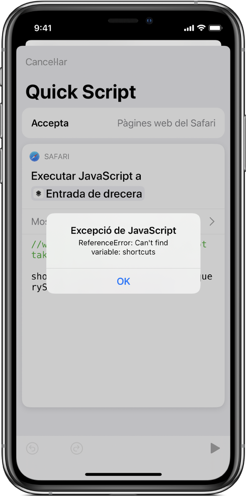 L’editor de dreceres amb un missatge d’error “Excepció de JavaScript”.