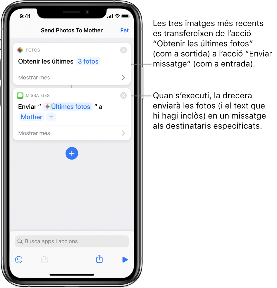 Drecera que conté una acció “Obtenir les últimes fotos” i una acció “Enviar missatge”.
