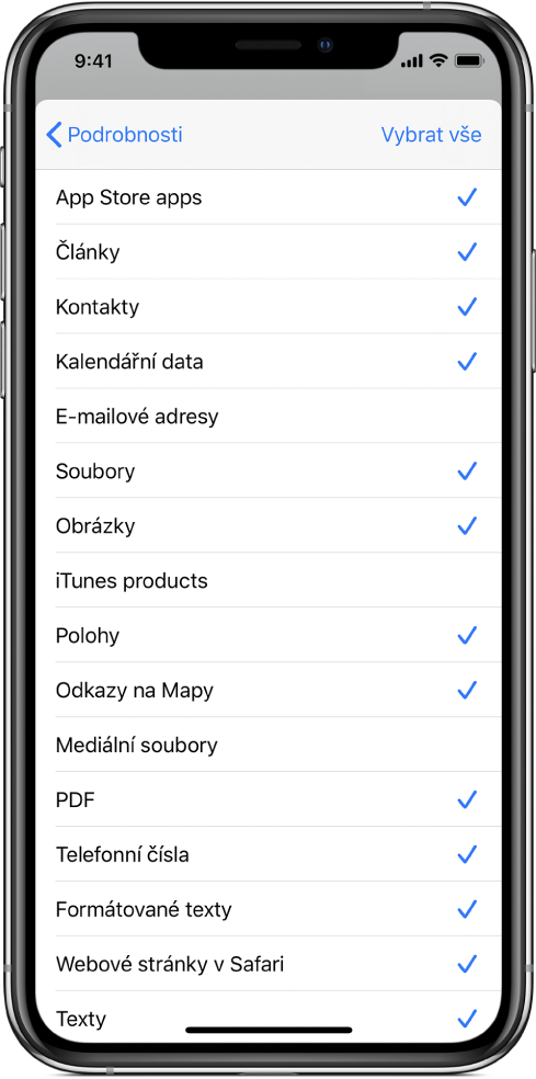 Seznam vstupů na listu sdílení se zobrazenými typy obsahu, které jsou pro zkratku k dispozici při spuštění z jiné aplikace