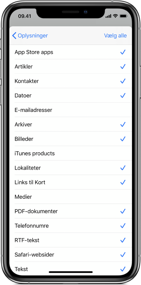 Inputliste på siden til delinger, der viser, hvilke typer indhold der er tilgængelige til en genvej, når genvejen afvikles fra en anden app.