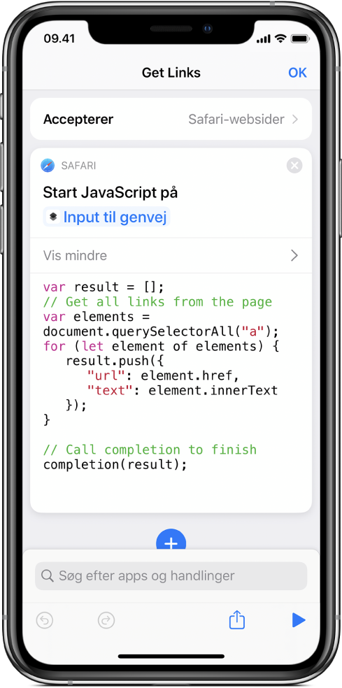 Handlingen Start JavaScript på webside i redigeringsværktøjet til genveje.