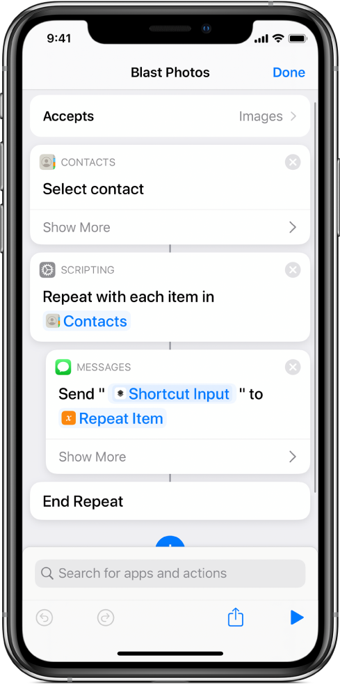 Example shortcut showing “Repeat” actions.