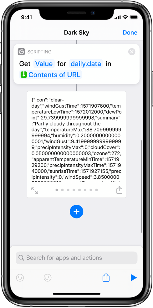 Get Dictionary Value action in the shortcut editor with the key set to data.