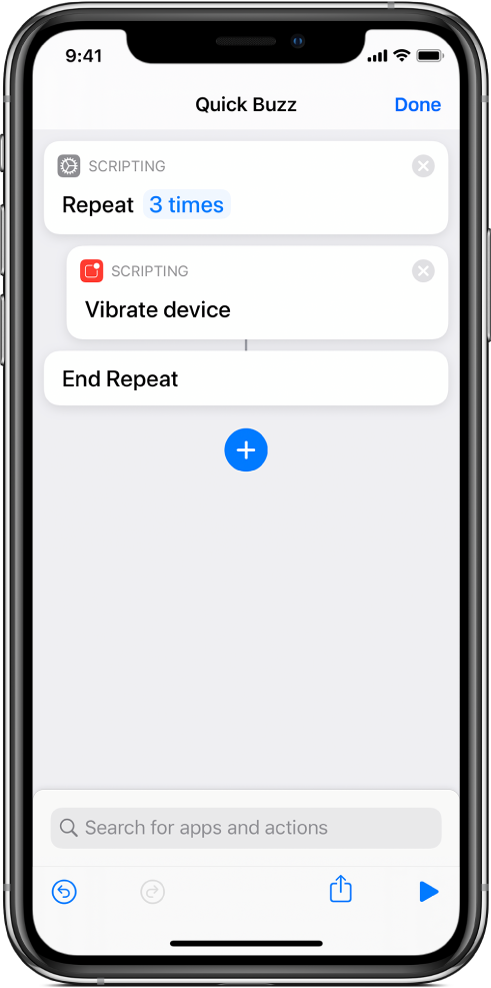 Vibrate Device action set to repeat three times.