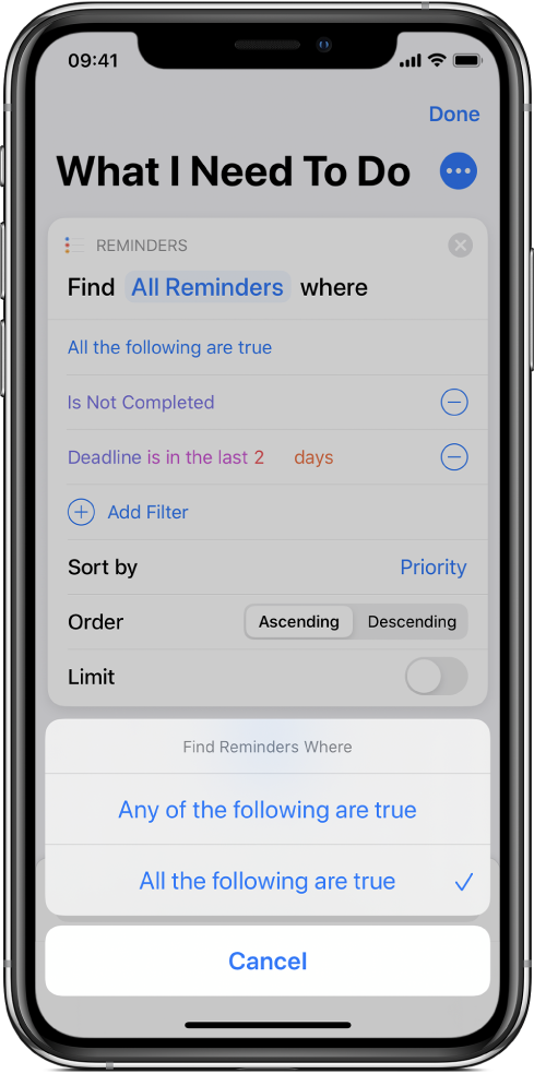 Find Reminders Where action showing the “All the following are true” options.
