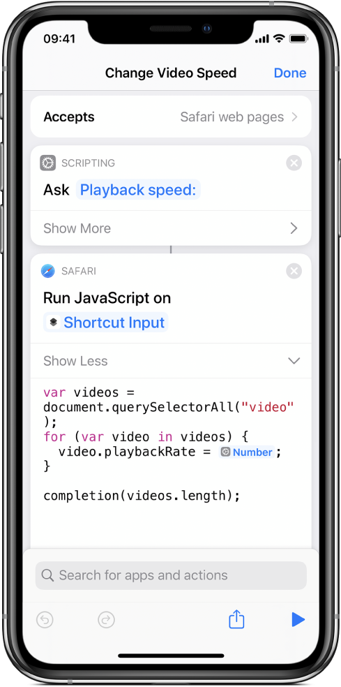 The shortcut editor showing a Run JavaScript on Web Page action containing a Magic Variable.