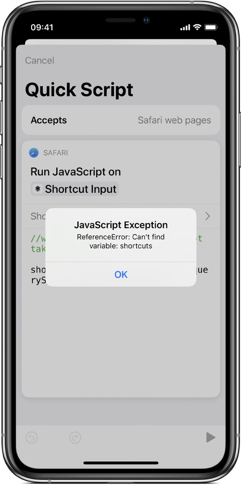 The shortcut editor showing a JavaScript Exception error message.