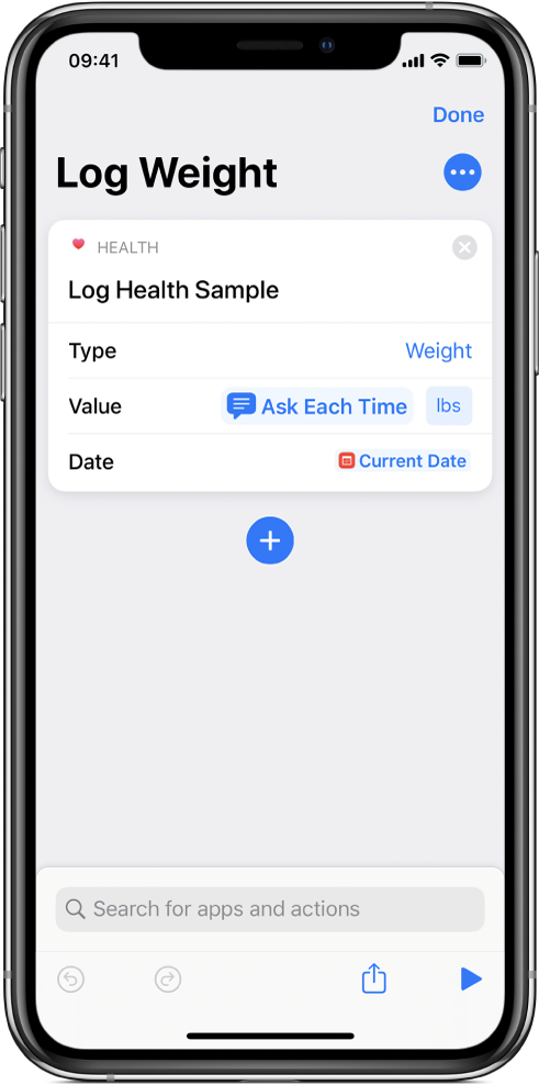Ask Each Time variable token in the Date field of the Log Health Sample action.