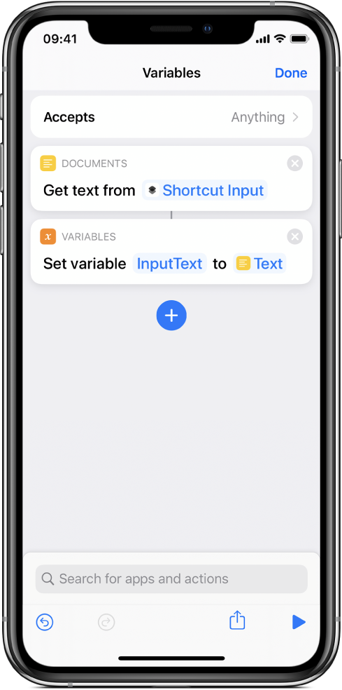 Set Variable actions in shortcut editor.