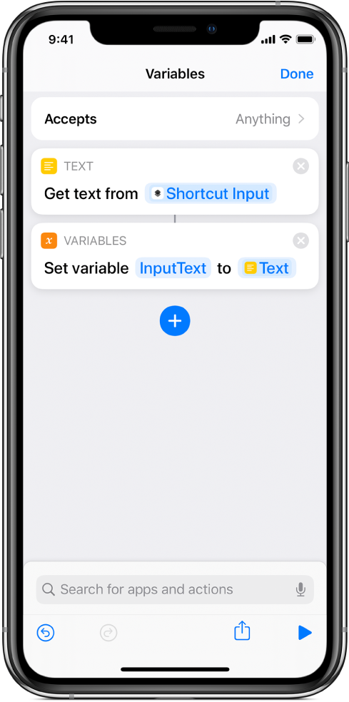 Set Variable actions in shortcut editor.
