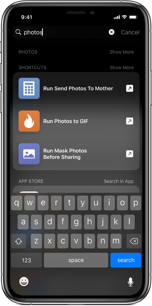 Search for the shortcut keyword “photos,” and the results of the search: “Run Send Photos To Mother,” “Run Photos to GIF,” and “Run Mask Photos Before Sharing” shortcuts.