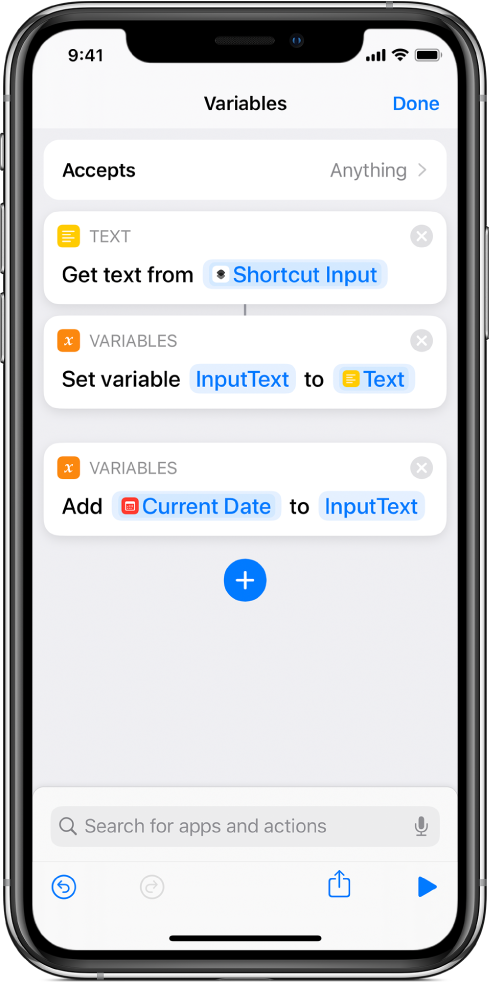 Set Variable and Add to Variable actions in shortcut editor.