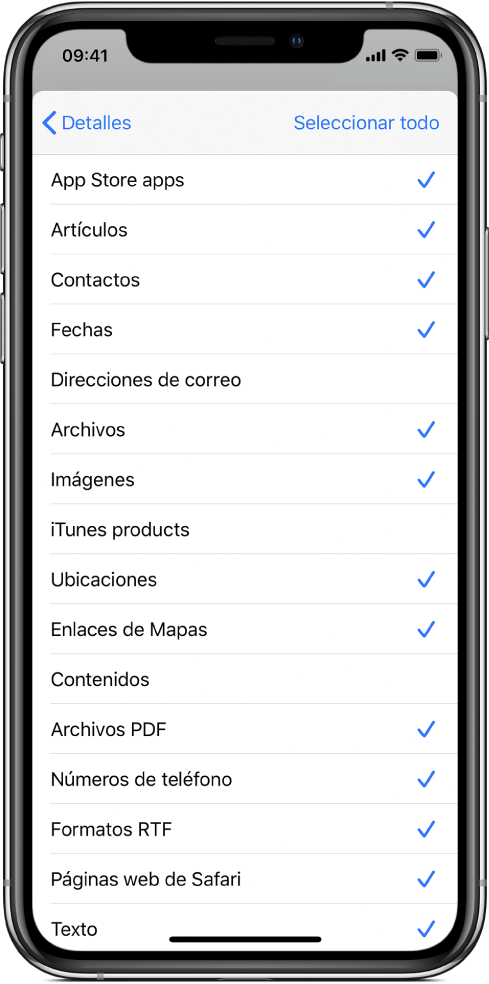 La lista de entradas de "Hoja de compartir" mostrando los tipos de contenido disponibles para un atajo cuando se ejecuta desde otra app.