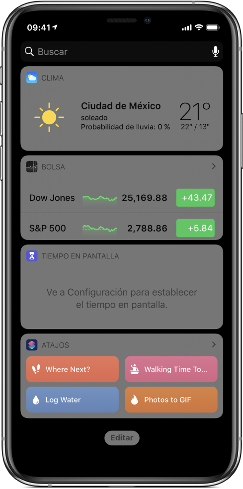 El widget Atajos en la visualización Hoy del iPhone.