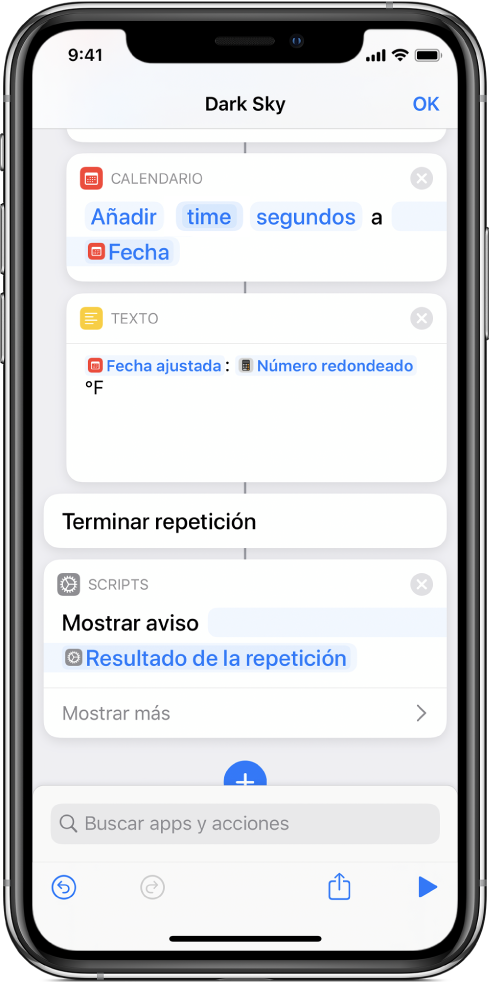 Acción “Mostrar aviso” con una variable “Resultado de la repetición” en el cuerpo del mensaje del aviso.