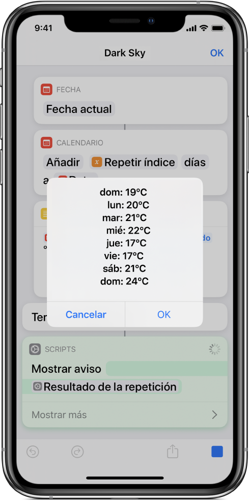 Aviso resultante que muestra las temperaturas medias para la semana en el editor de atajos.