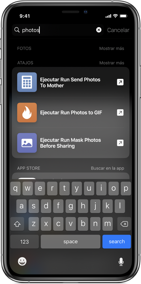 Busca de la palabra clave del atajo “fotos” y los resultados de la búsqueda: Atajos “Ejecuta Envía las fotos a mamá,” “Ejecuta Guarda las fotos en GIF” y “Ejecuta Enmascarar las fotos antes de enviarlas”.