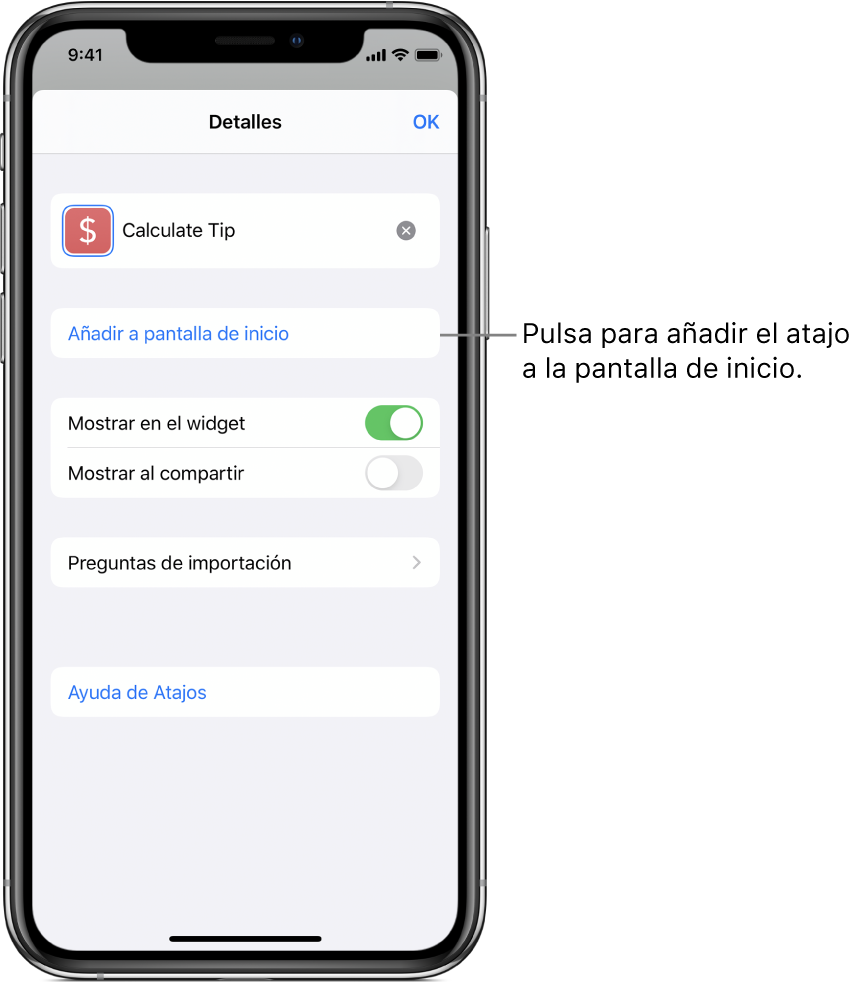 Pantalla Detalles en la app Atajos que muestra “Añadir a pantalla de inicio”.