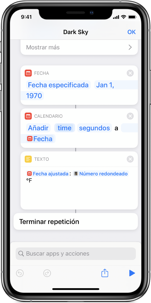 La acción Fecha, la acción “Ajustar fecha” y la acción Texto en el editor de atajos, con variables aplicadas.