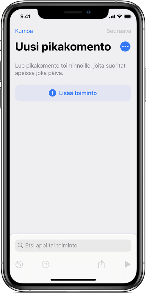 Tyhjä pikakomentoeditori iPhonessa.