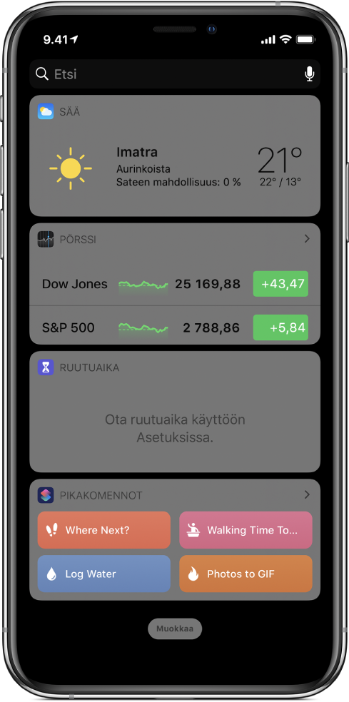 Pikakomennot-widgetti iPhonen Tänään-näkymässä.