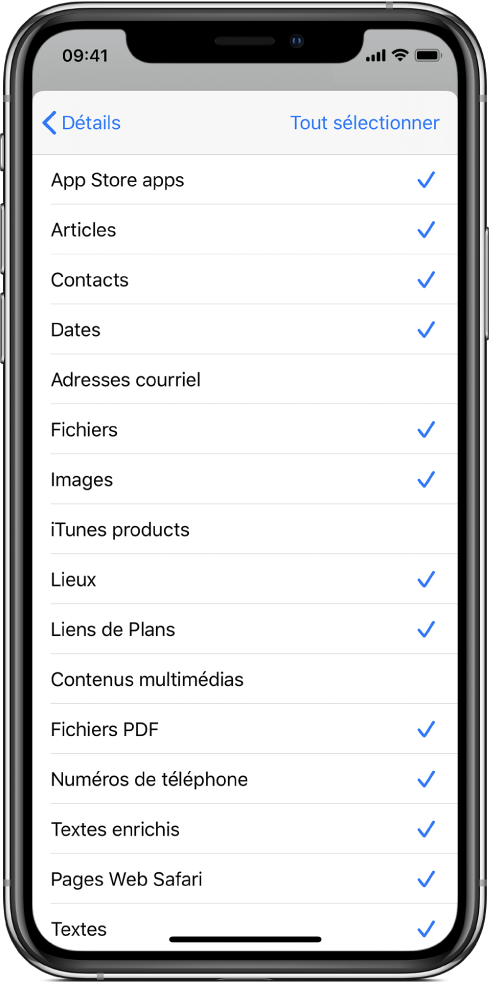 Liste d’entrée de feuille de partage affichant les sortes de contenus disponibles pour un raccourci lorsque celui-ci est exécuté à partir d’une autre app.