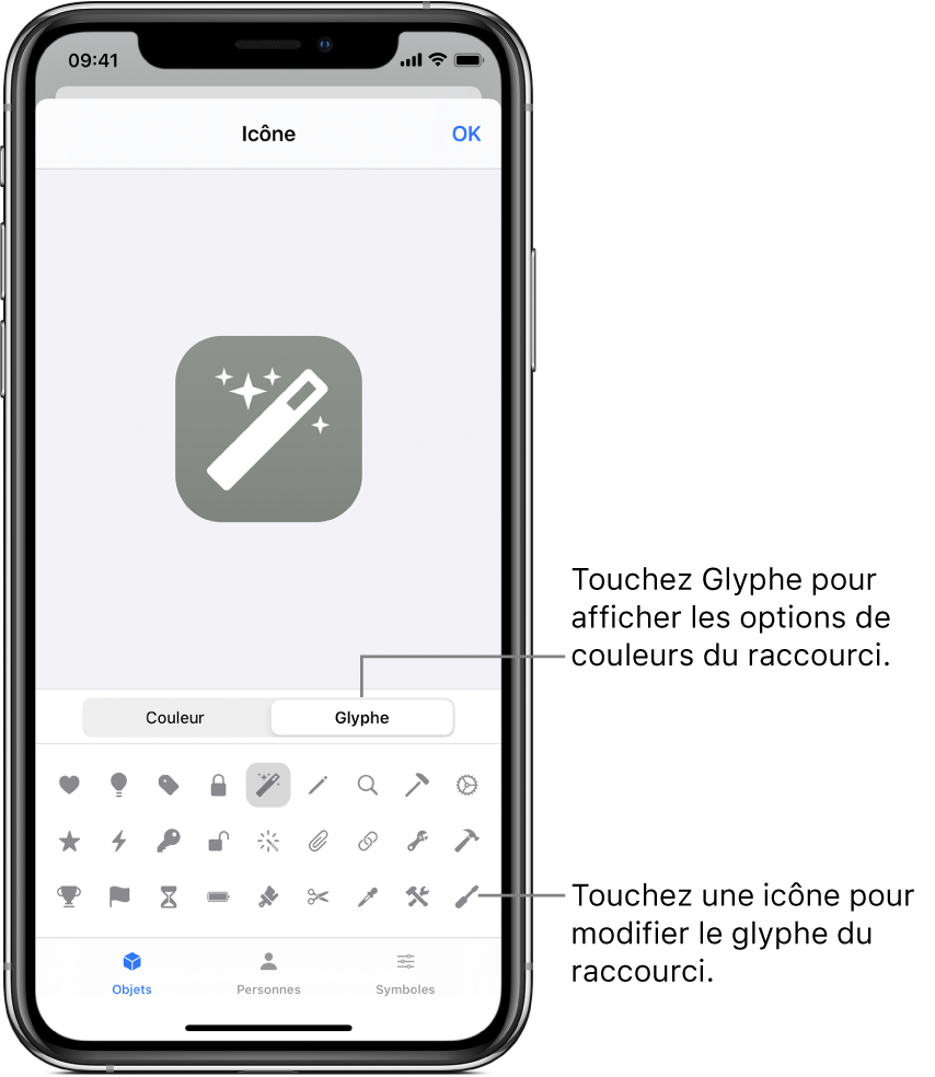 Écran de l’icône présentant les options de glyphe de raccourci.