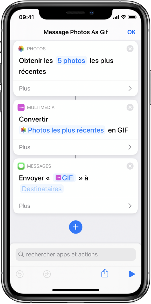 Éditeur de raccourcis qui affiche les actions utilisées pour envoyer un message avec des photos sous forme d’un GIF animé.