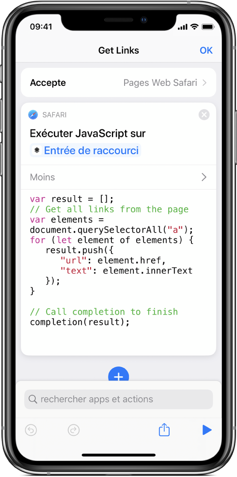 Action « Exécuter JavaScript sur une page Web » dans l’éditeur de raccourcis.