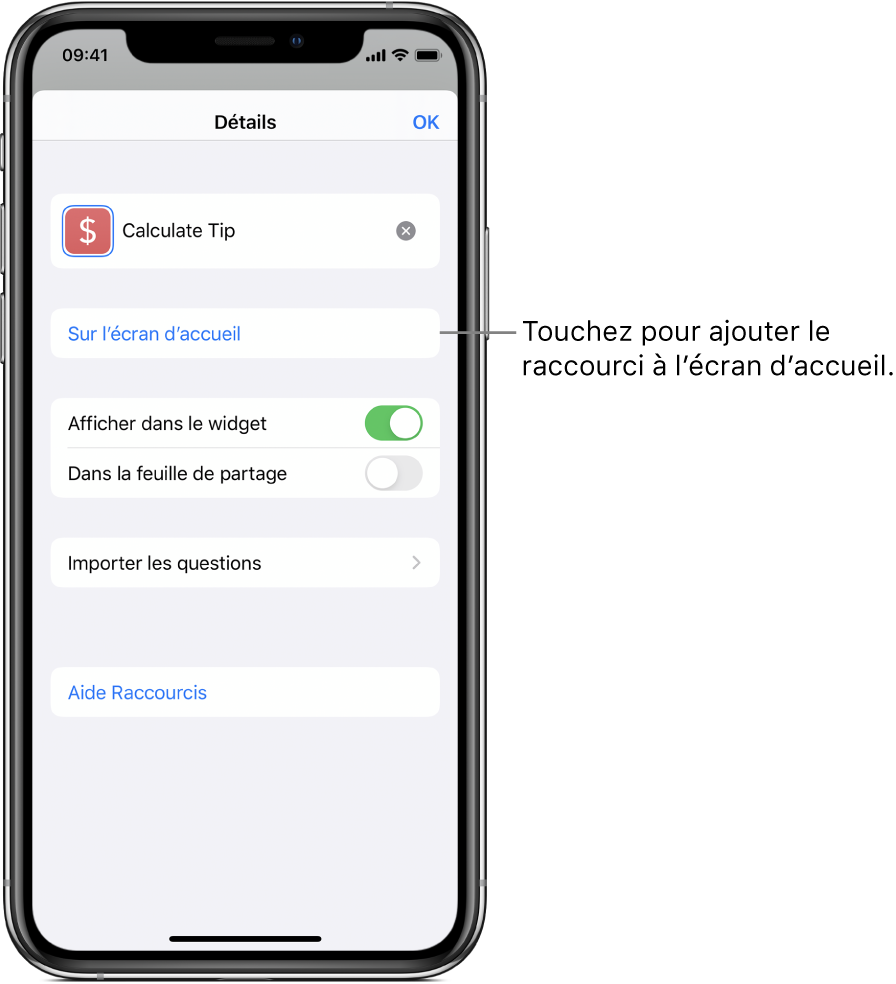 Écran Détails dans l’app Raccourcis montrant l’option Sur l’écran d’accueil.