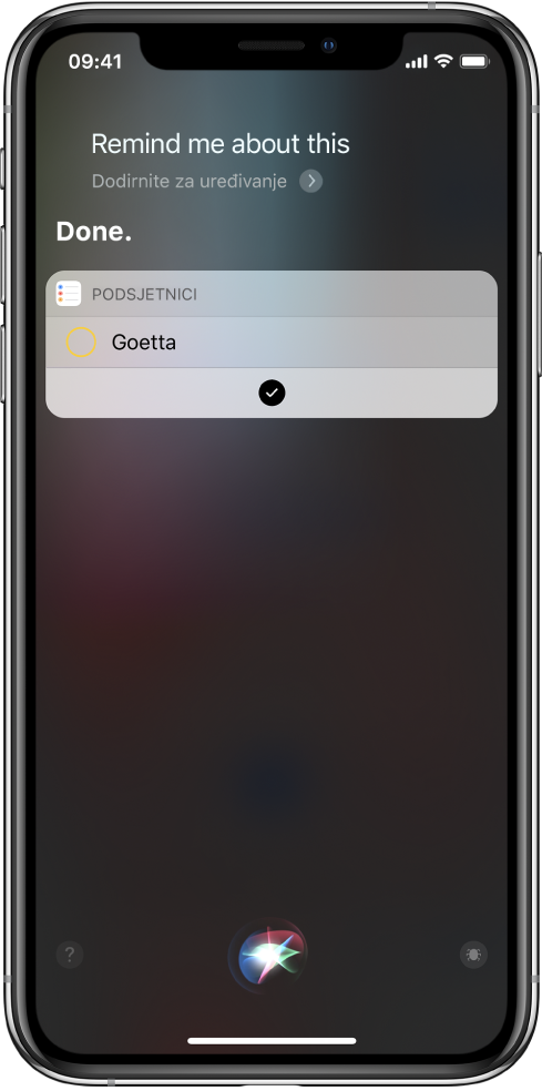 Zaslon aplikacije Siri s prikazom dodavanja prečaca u podsjetnike.