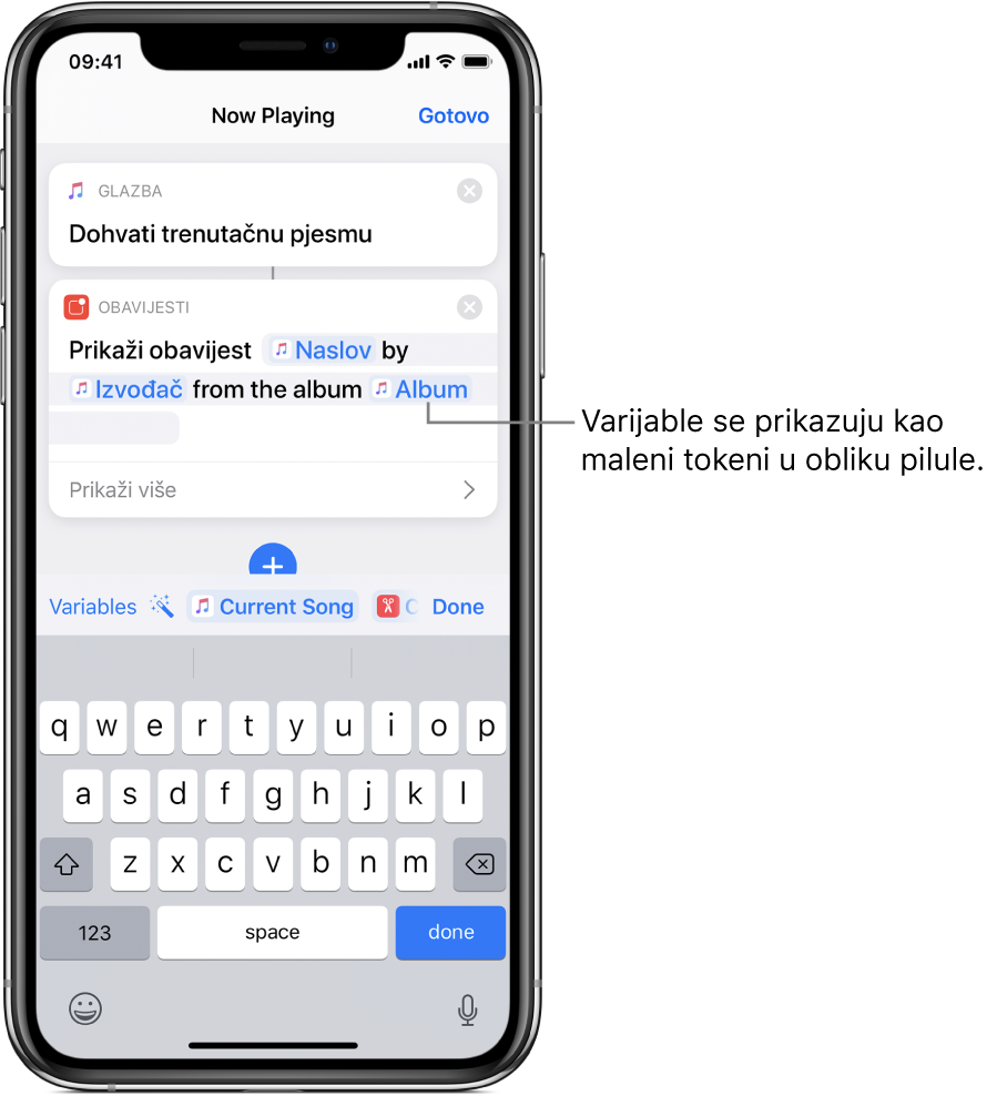 Primjeri varijabli u uredniku prečaca.