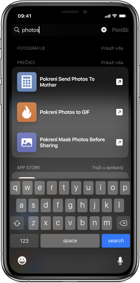 Pretraživanje za ključnu riječ prečaca “fotografije” i rezultati pretraživanja: Prečaci “Pokreni Pošalji fotografije majci”, “Pokreni fotografije u GIF” i “Maskiraj fotografije prije dijeljenja”.