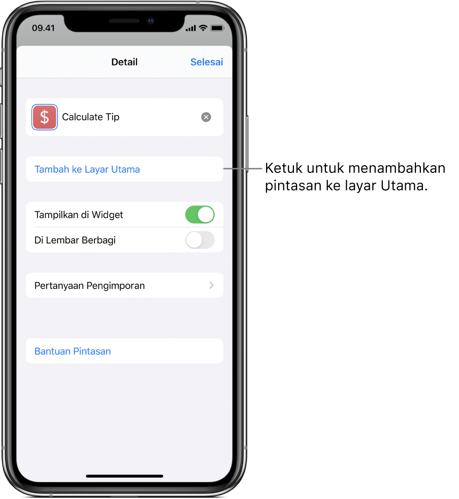 Layar Detail di app Pintasan menampilkan Tambahkan ke Layar Utama.
