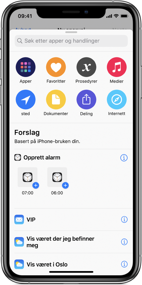 Handlinger foreslått av Siri.