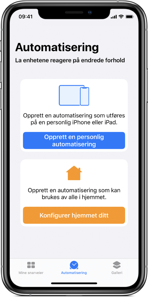 Automatisering-delen i Snarveier-appen.
