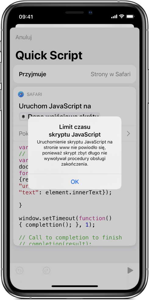 Edytor skrótów z wyświetlonym komunikatem o błędzie przekroczenia limitu czasu skryptu JavaScript.