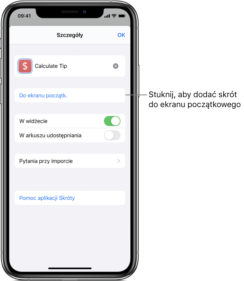 Ekran szczegółów w aplikacji Skróty z widocznym przyciskiem dodawania skrótu do ekranu początkowego.