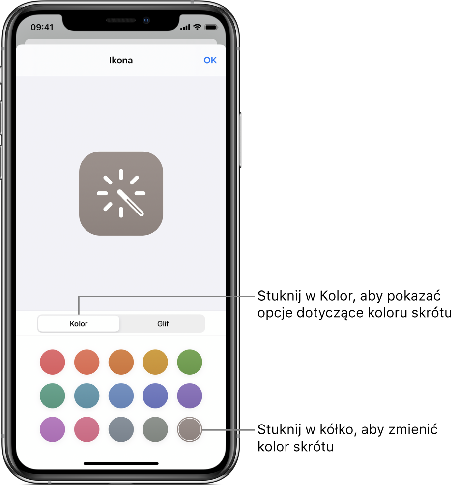 Ekran ikony przedstawiający dostępne kolory skrótu.