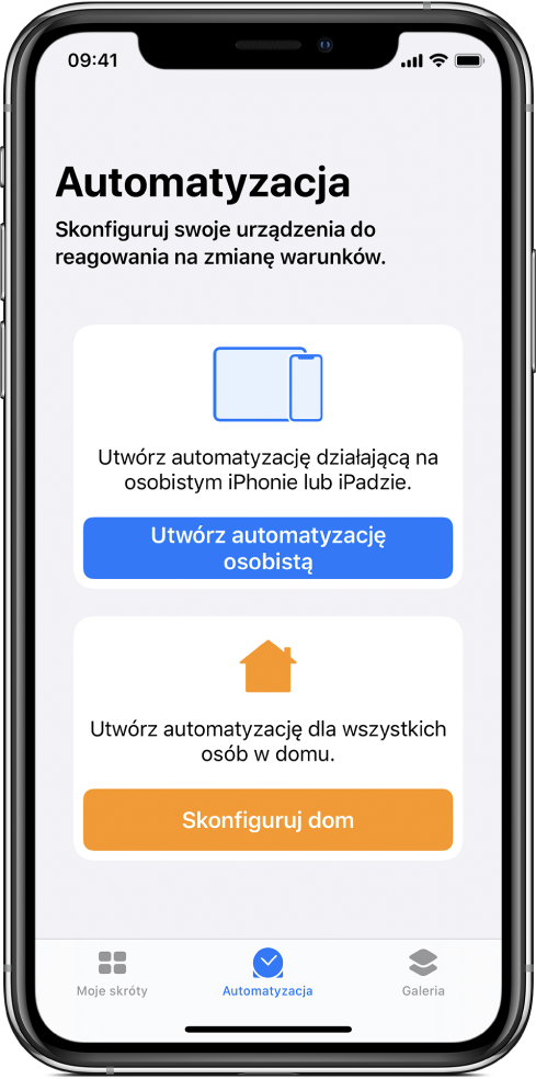 Sekcja Automatyzacja w aplikacji Skróty.
