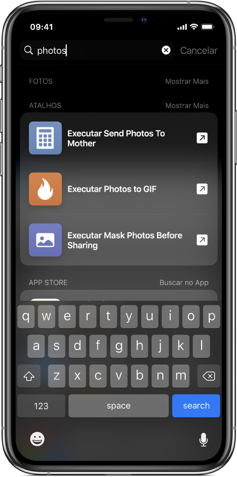Busca pela palavra-chave de atalho “fotos” e os resultados da busca: atalhos “Executar Enviar Fotos Para a Mamãe”, “Executar Fotos para GIF” e “Executar Mascarar Fotos Antes de Compartilhar”.