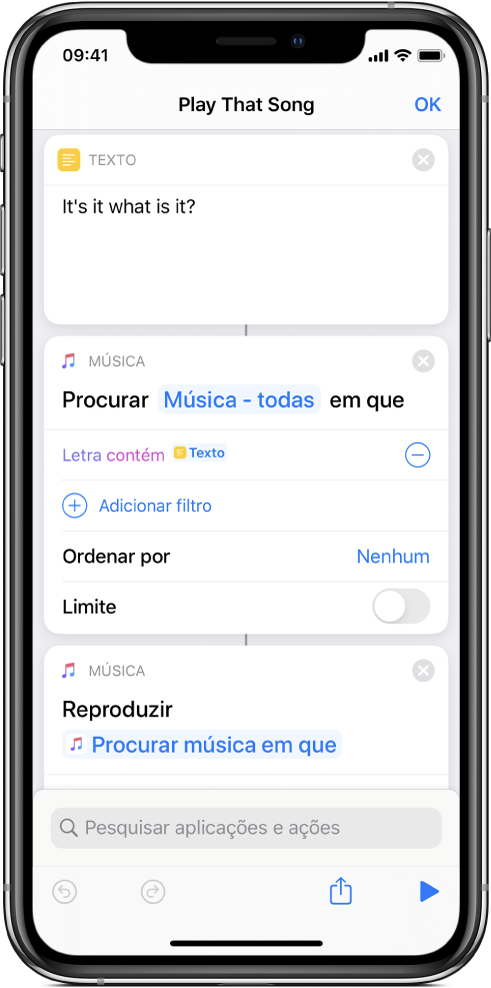 Atalho com uma ação “Reproduzir música”.