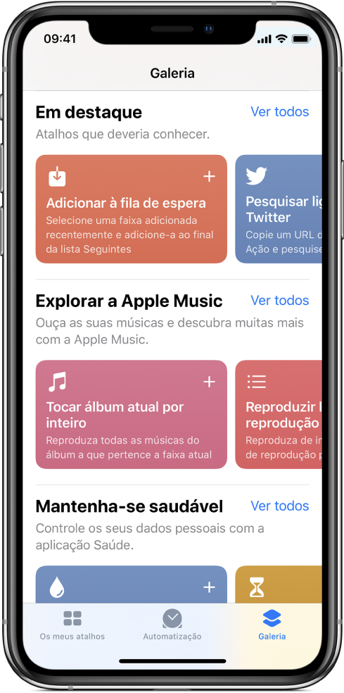 Galeria da aplicação Atalhos.