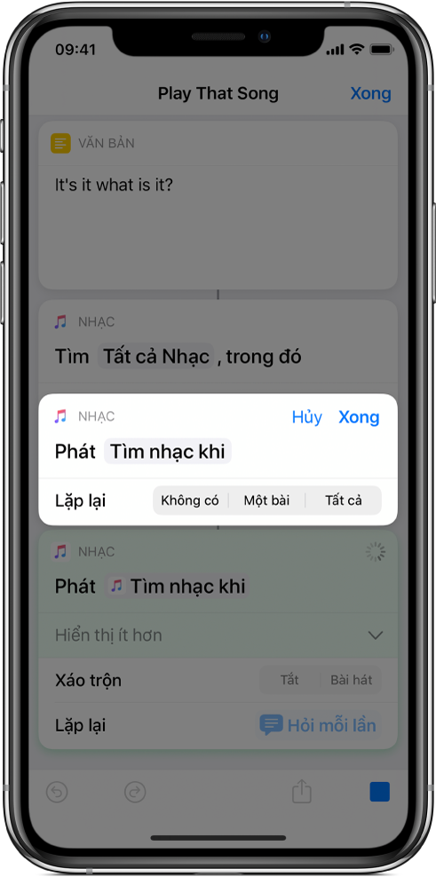 Chạy phím tắt đang hiển thị nhắc nhở lựa chọn một tham số Lặp lại.