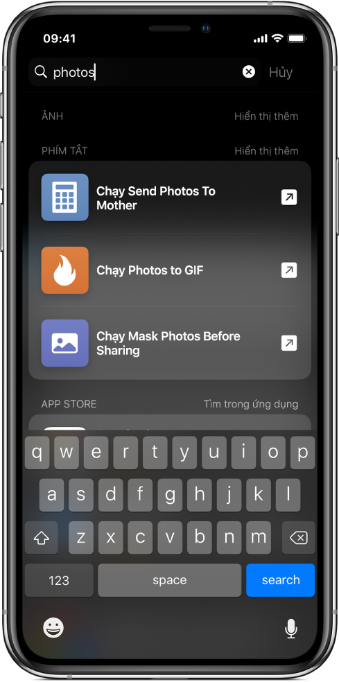 Tìm kiếm đối với từ khóa phím tắt “ảnh” và các kết quả tìm kiếm: Các phím tắt “Run Send Photos To Mother”, “Run Photos to GIF” và “Run Mask Photos Before Sharing”.