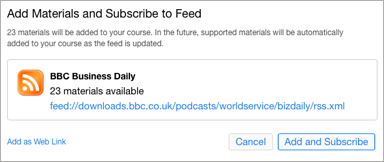Beispiel des Vorschau-Einblendfensters „Kursmaterial hinzufügen und Feed abonnieren“ in iTunes U, das die Feed-Informationen für den Feed anzeigt, den du hinzufügen möchtest.