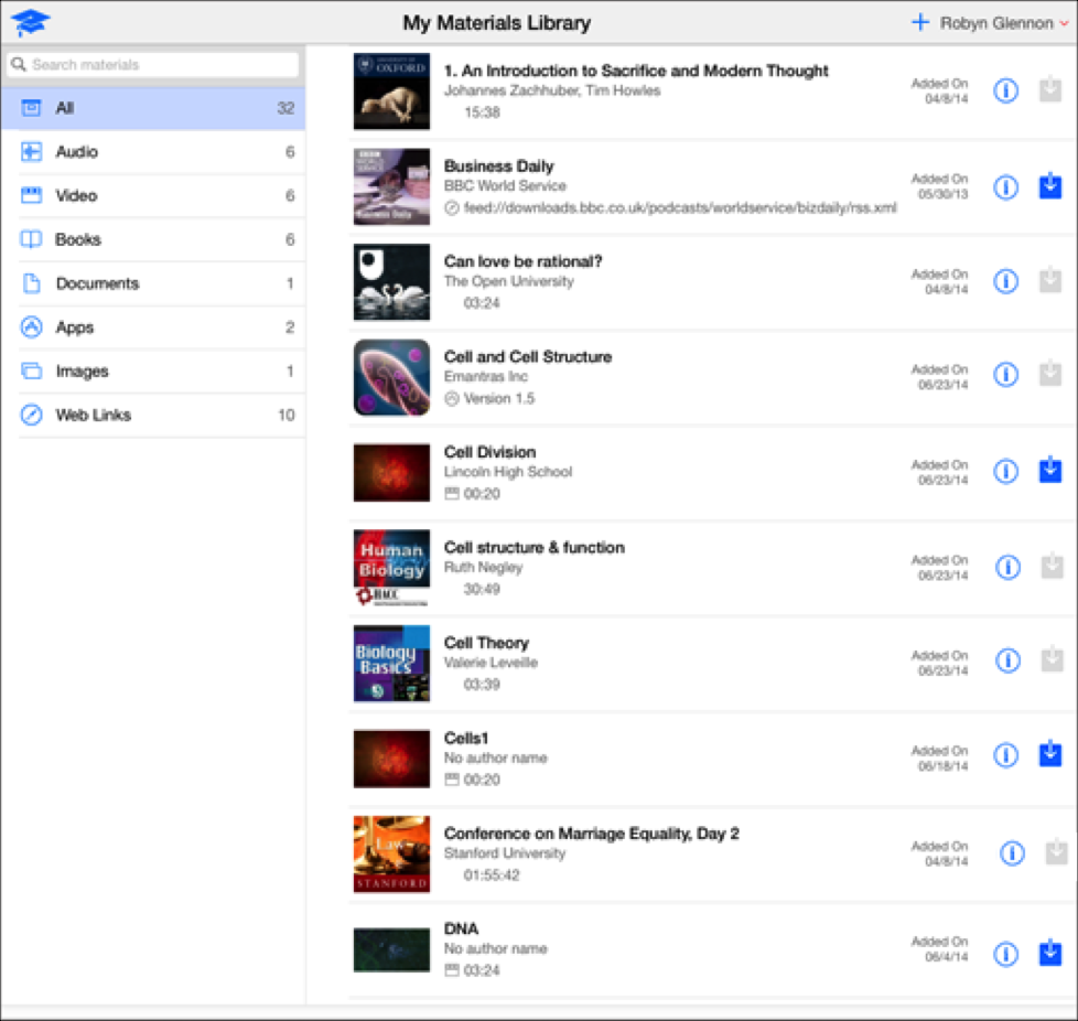 A sample iTunes U My Materials Library displaying all the materials added to iTunes U.